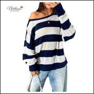 Striped Boat Neck Loose Pullover Sweater Long Sleeve Drop Shoulder Top
